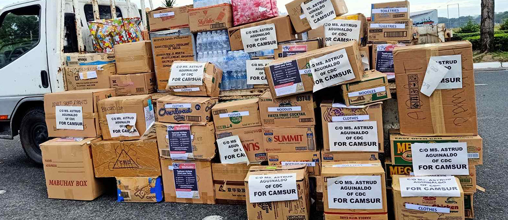 Boxes of relief goods from Forex Cargo for CamSur